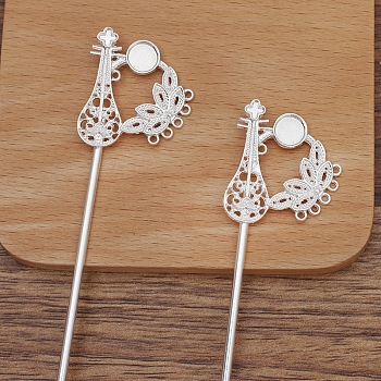 Iron Hair Stick Findings, with Alloy Pipa and Settings, Silver, 145x30mm
