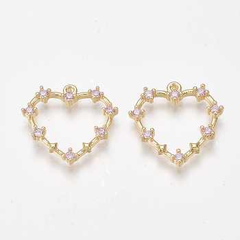 Brass Cubic Zirconia Pendants, Nickel Free, Real 18K Gold Plated, Heart, Pink, 18~19x18~19x2.5mm, Hole: 1mm