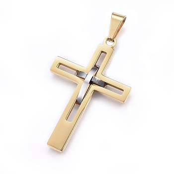 304 Stainless Steel Pendants, Cross, Golden & Stainless Steel Color, 45x29x4mm, Hole: 8x5mm