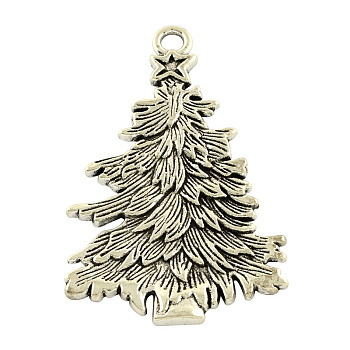 Tibetan Style Alloy Christmas Tree Big Pendants, Cadmium Free & Lead Free, Antique Silver, 67x42x3mm, Hole: 5mm