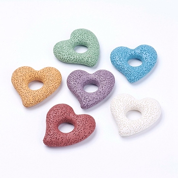 Natural Lava Rock Big Pendants, Dyed, Heart, Mixed Color, 55x52x13mm, Hole: 15.5mm