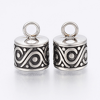 304 Stainless Steel Cord End Caps, Column, Antique Silver, 13.5x10mm, Hole: 4mm, 8.5mm Inner Diameter