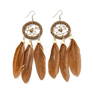 Feather Woven Net Chandelier Earrings, Alloy Long Tassel Drop Earrings for Women, Chocolate, 126mm, Pin: 0.6mm(EJEW-H090-01A)