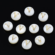 Natural Freshwater Shell Beads, with Golden Plated Brass Etched Metal Embellishments, Flat Round with Letter, Seashell Color, Letter.V, 6x4mm, Hole: 0.8mm(SHEL-S278-036V)