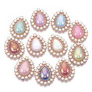 Alloy Flat Back Cabochons, with ABS Plastic Imitation Pearl Beads, AB Color Plated, Rose Gold, Teardrop, Mixed Color, 32x26x8~9mm(PALLOY-N151-03)