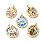 Brass Micro Pave Cubic Zirconia Pendants, with Glass, Real 18K Gold Plated, Oval with Virgin Mary, Clear, 32x25.5x4.5mm, Hole: 3.5x5mm(ZIRC-E006-03G)
