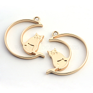 Matte Style Rack Plating Alloy Kitten Open Back Bezel Pendants, for DIY UV Resin, Epoxy Resin, Pressed Flower Jewelry, Moon & Cat, Cadmium Free & Nickel Free & Lead Free, Matte Gold Color, 37x36x4mm, Hole: 3mm(PALLOY-S047-38C-FF)
