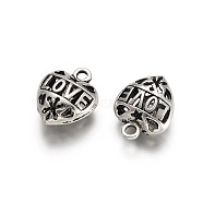 Tibetan Style Alloy Pendants, Heart with Word Love, For Valentine's Day, Antique Silver, 20x16x8mm, Hole: 2mm(PALLOY-E556-14AS)