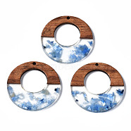 Transparent Resin & Walnut Wood Pendants, with Shell Chips, Two Tone, Donut, Dodger Blue, 38x3mm, Hole: 2mm(X-RESI-T035-20-A02)