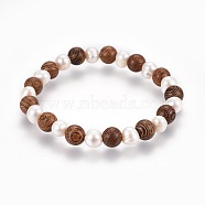 Natural Pearl Stretch Bracelets, with Sandalwood Beads, Saddle Brown, 2-1/4 inch(5.7cm)(BJEW-JB04106)