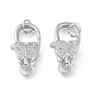 Brass Micro Pave Clear Cubic Zirconia Lobster Claw Clasps, with Jump Rings, Long-Lasting Plated, Butterfly, Platinum, 16x9.5x6mm, Hole: 3.5mm(ZIRC-Q024-17P)