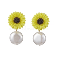 Natural Pearl & Resin Sunflower Stud Earrings, with 304 Stainless Steel Pins, Yellow, 29x16.5mm(EJEW-JE05693-01)