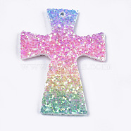 PU Leather Big Pendants, with Sequins, Cross, Colorful, 58x39.5x2mm, Hole: 2mm(FIND-S299-35A)