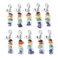 Chakra Natural Gemstone Chips Pendant Decoration, with Flat Round and Black Number Acrylic Beads, Zinc Alloy Lobster Claw Clasps, 44~49mm, 10pcs/set(HJEW-JM01081)
