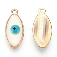 Rack Plating Alloy Resin Pendants, Horse Eye with Evil Eye Charms, with Enamel, Light Gold, Cadmium Free & Nickel Free & Lead Free, White, 23.5x10.5x3.5~4mm, Hole: 1.8mm(RESI-T045-37)