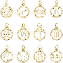 SUPERFINDINGS 12Pcs 12 Style Brass Charms, Cadmium Free & Lead Free, Real 18K Gold Plated, Ring with Twelve Constellations, 12 Constellations, 14.5x12x2mm, Hole: 3.4mm, 1pc/style(KK-FH0004-40)