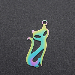 Ion Plating(IP) 201 Stainless Steel Pendants, Cat Shape, Laser Cut, Rainbow Color, 22x9.5x1mm, Hole: 1.6mm(STAS-R111-JA541)