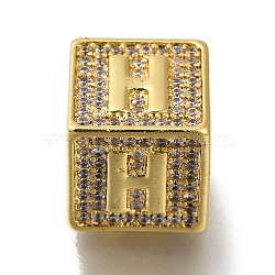 Brass Cubic Zirconia Beads, Letter H, Square, Letter H, 9.5x9.5x9.5mm, Hole: 6mm(KK-Q818-01H-G)