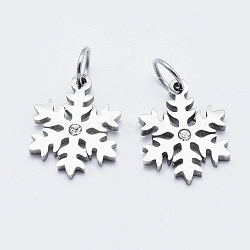 Eco-Friendly 316 Surgical Stainless Steel Micro Pave Cubic Zirconia Charms, Long-Lasting Plated, Snowflake, Stainless Steel Color, 13.5x10.5x1.5mm, Hole: 3.5mm(X-RB-I078-71P-NR)