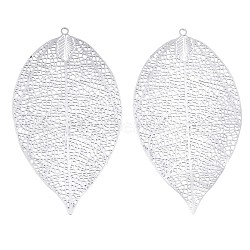 Tarnish Resistant 304 Stainless Steel Filigree Big Pendants, Etched Metal Embellishments, Leaf, Stainless Steel Color, 60x33x0.3mm, Hole: 1.6mm(STAS-S108-38P)