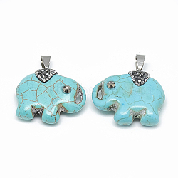 Synthetic Turquoise Pendants, with Rhinestone and Brass Findings, with Half Drilled Hole, Dyed, Elephant, Platinum, Jet, Sky Blue, 27~29x33~34x9~10mm, Hole: 9x4mm(G-S334-063A-01)