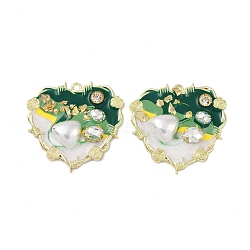 Rack Plating Alloy Enamel Pendants, with Resin, ABS Imitation Pearl Beads, Rhinestone and Glass Beads, Cadmium Free & Nickel Free & Lead Free, Heart, Green, 47x48.5x8mm, Hole: 2.5mm(FIND-I038-16D)