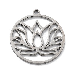 Non-Tarnish 304 Stainless Steel Pendants, Laser Cut, Flat Round with Lotus Charm, Stainless Steel Color, 27.5x25x1mm, Hole: 2mm(STAS-M323-52P)