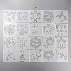 20Pcs 20 Styles Square PET Plastic Drawing Painting Stencils Templates. with 1Pc Binder Ring, Flower, 150x150x0.3mm, Hole: 7.2mm, 1pc/style(DIY-WH0430-363)