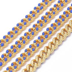 Two Tone Handmade Brass Curb Chains, with Enamel and Spool, Unwelded, Long-Lasting Plated, Real 18K Gold Plated, Royal Blue, 6x5x1.2mm, about 32.8 Feet(10m)/roll(CHC-I035-01G-02)