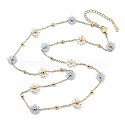 Glass and ABS Plastic Flower Link Chain Necklaces, 316 Surgical Stainless Steel Jewelry for Women, Real 18K Gold Plated, Light Blue, 21.97 inch(55.8cm)(NJEW-H041-05G-02)