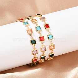 304 Stainless Steel Square Link Bracelets for Woman, with Glass, Golden, 7-1/8 inch(18cm)(BJEW-S157-09G)