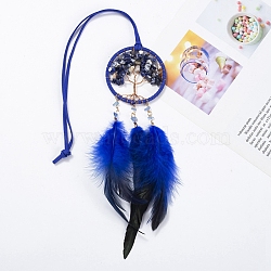 Flat Round with Tree of Life Natural Lapis Lazuli Chip Pendant Decoration, Woven Net/Web with Feather Car Hanging Decoration, Blue, 480mm(PW-WG71091-01)