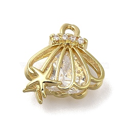 Rack Plating Brass Micro Pave Cubic Zirconia Charms, Long-Lasting Plated, Scallop with Star, Real 14K Gold Plated, 12.5x12x5.5mm, Hole: 1.4mm(KK-M014-08G)