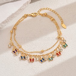 Fashionable Vintage Beach Style Brass Cubic Zirconia Double Layer Tassel Butterfly Adjustable Ladies Anklets, Real 18K Gold Plated, Colorful(ED6281-3)