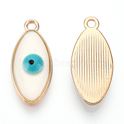 Rack Plating Alloy Resin Pendants, Horse Eye with Evil Eye Charms, with Enamel, Light Gold, Cadmium Free & Nickel Free & Lead Free, White, 23.5x10.5x3.5~4mm, Hole: 1.8mm(RESI-T045-37)