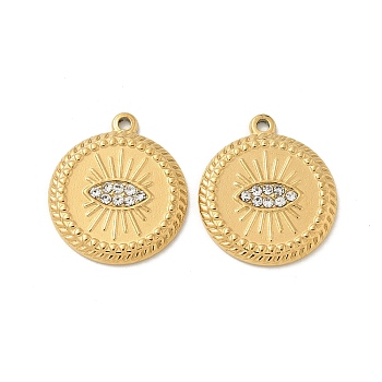 304 Stainless Steel Pendants, with Rhinestone, Golden, Eye Charm, Flat Round, 17.5x15x2mm, Hole: 1.2mm