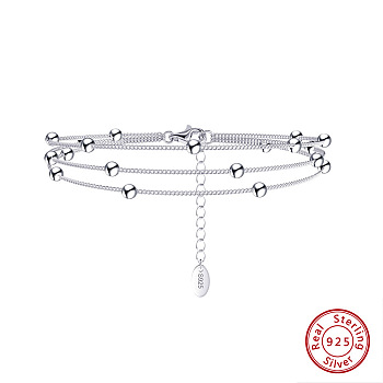 Rhodium Plated 925 Sterling Silver Satellite Chains Triple-Layer Multi-strand Bracelet, with S925 Stamp, Real Platinum Plated, 6-1/2 inch(16.5cm)