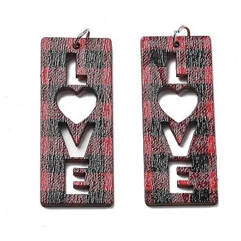 Printed Wood Pendants, with Iron Ring, Valentine's Day Collection, Rectangle, 50x20.5x2.5mm, Hole: 5mm