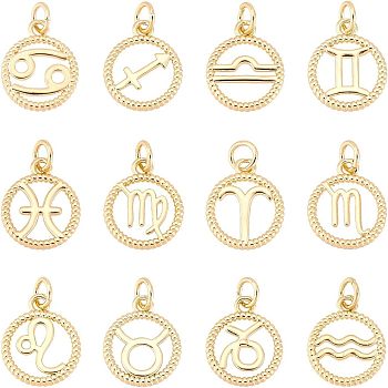 SUPERFINDINGS 12Pcs 12 Style Brass Charms, Cadmium Free & Lead Free, Real 18K Gold Plated, Ring with Twelve Constellations, 12 Constellations, 14.5x12x2mm, Hole: 3.4mm, 1pc/style