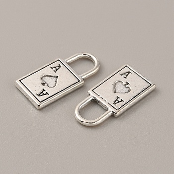 Tibetan Style Alloy Pendants, Lock, Antique Silver, Playing Card Pattern, 18.5x9x1.5mm, Hole: 5x4mm, 10pcs/bag