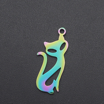 Ion Plating(IP) 201 Stainless Steel Pendants, Cat Shape, Laser Cut, Rainbow Color, 22x9.5x1mm, Hole: 1.6mm