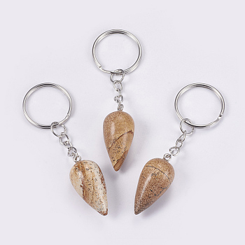 Natural Picture Jasper Keychain, with Iron Key Rings, Platinum, teardrop, 80.5mm, Pendant: 33.5x15.5mm