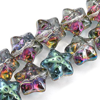 Half Rainbow Plated Electroplate Transparent Glass Beads Strands, Starfish, Medium Aquamarine, 16.5x17.5x11.5mm, Hole: 1.4mm, about 40pcs/strand, 25.20 inch(64cm)