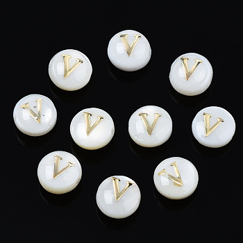 Natural Freshwater Shell Beads, with Golden Plated Brass Etched Metal Embellishments, Flat Round with Letter, Seashell Color, Letter.V, 6x4mm, Hole: 0.8mm