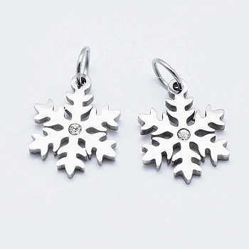 Eco-Friendly 316 Surgical Stainless Steel Micro Pave Cubic Zirconia Charms, Long-Lasting Plated, Snowflake, Stainless Steel Color, 13.5x10.5x1.5mm, Hole: 3.5mm