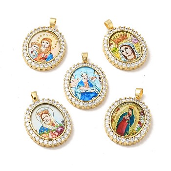 Brass Micro Pave Cubic Zirconia Pendants, with Glass, Real 18K Gold Plated, Oval with Virgin Mary, Clear, 32x25.5x4.5mm, Hole: 3.5x5mm