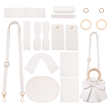 DIY PU Leather Mini Bowknot Bucket Bags Kits, Including Needle, Threads, Wood Round Ring Handle, Adjustable Bag Strap, Fabric with Magnetic Clasp, White, Finished: 140x140x700mm