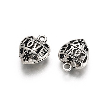 Tibetan Style Alloy Pendants, Heart with Word Love, For Valentine's Day, Antique Silver, 20x16x8mm, Hole: 2mm