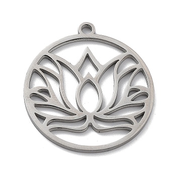 Non-Tarnish 304 Stainless Steel Pendants, Laser Cut, Flat Round with Lotus Charm, Stainless Steel Color, 27.5x25x1mm, Hole: 2mm