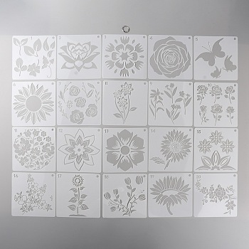 20Pcs 20 Styles Square PET Plastic Drawing Painting Stencils Templates. with 1Pc Binder Ring, Flower, 150x150x0.3mm, Hole: 7.2mm, 1pc/style